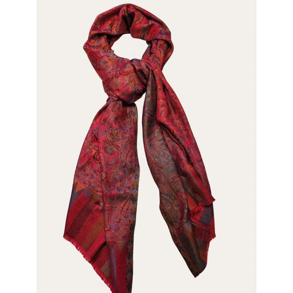 Vintage-Inspired Stole Red & Multicolor Paisley Patterned Woven Scarf or Wrap